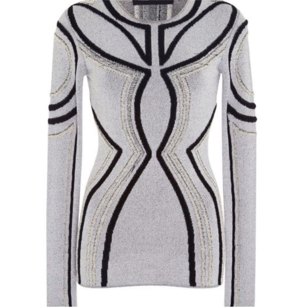 Proenza Schouler Gray and Black Geometric Knit Top with Gold Accents